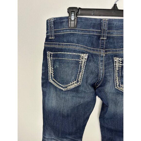 Day trip Aquarius Flare jeans Sz 27S Dark wash faded thighs, detailed pockets - Picture 5 of 11